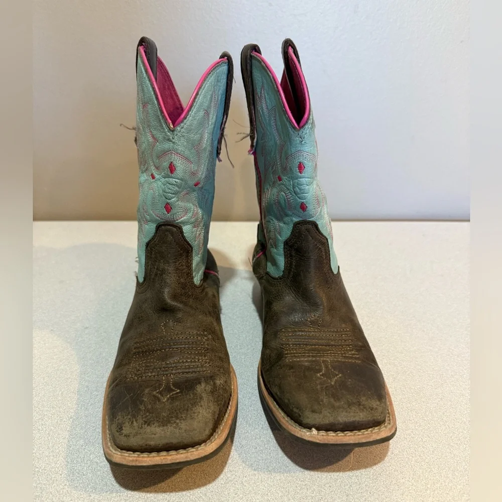 Ariat Kid's Tombstone Western Boot Square Toe Size 3.5 Brown‎ / Blue 10031516